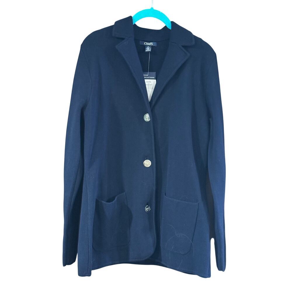 CHAPS Navy Knit Cotton Blend Sweater Blazer Silver Buttons Pockets Women L NWT
